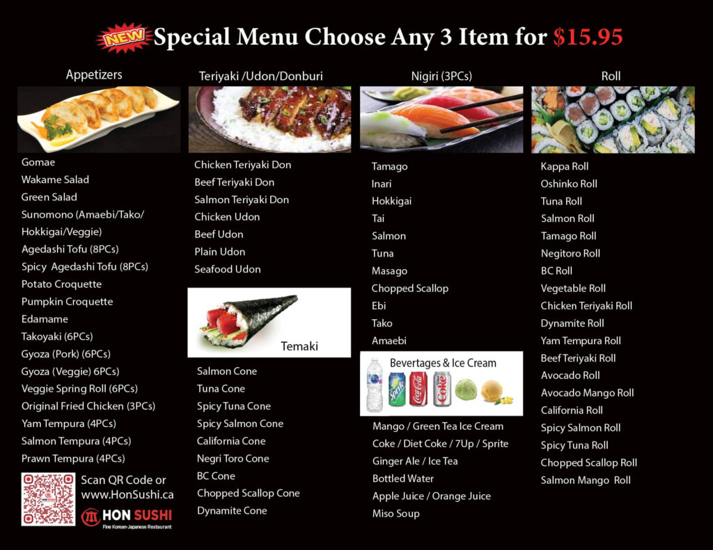 Hon Sushi 2022 06 01 Special Menu Choose Any 3 Item for $15 1 or 2